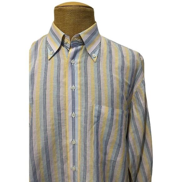 GERLIN Dress Shirt Pink Yellow Blue Stiped Made in Italy Linen Cotton Size 2XL - Picture 4 of 12